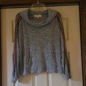 Cozy Gray Cowl Neck Sweater with Striped Sleeves